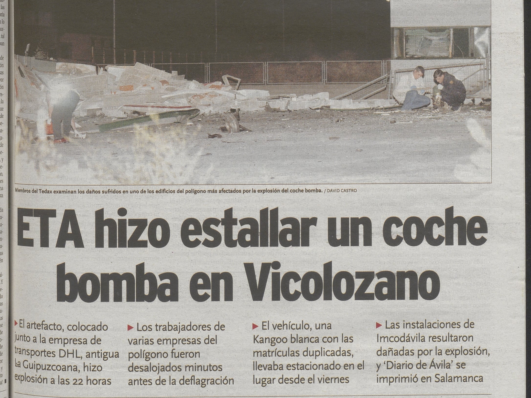 Portada del Diario de Ávila que informa sobre la explosión