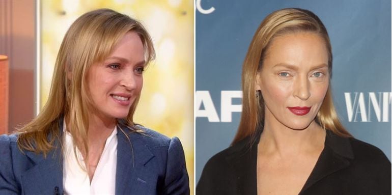 Uma Thurman. A la izquierda, este jueves en el programa &#039;Today&#039;. A la derecha, en la presentación de una miniserie