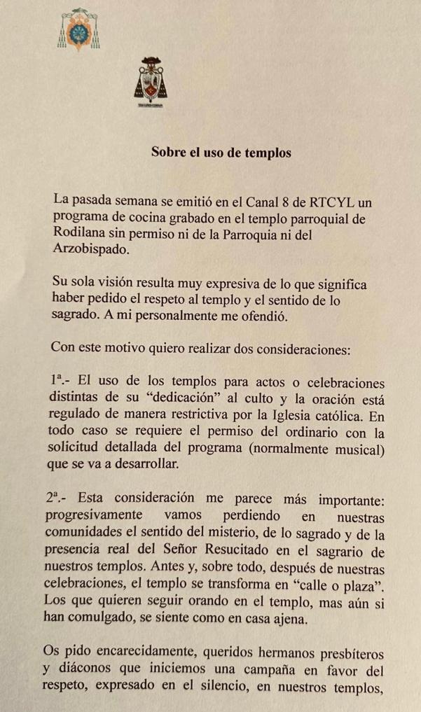 Extracto de la misiva del Arzobispado