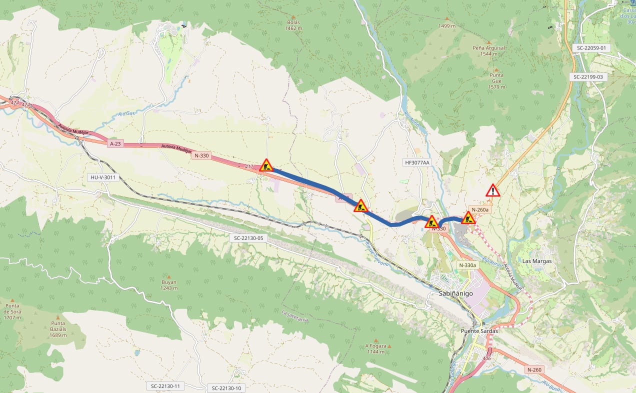 Uno de los puntos conflictivos A -23 en Sabiñánigo en confluencia con la N.330. /mapa dgt