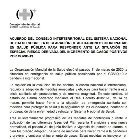 Acuerdo del Consejo Interterritorial del Sistema Nacional de Salud en el que se recogen las nuevas restricciones ante el incremento de casos positivos por coronavirus.