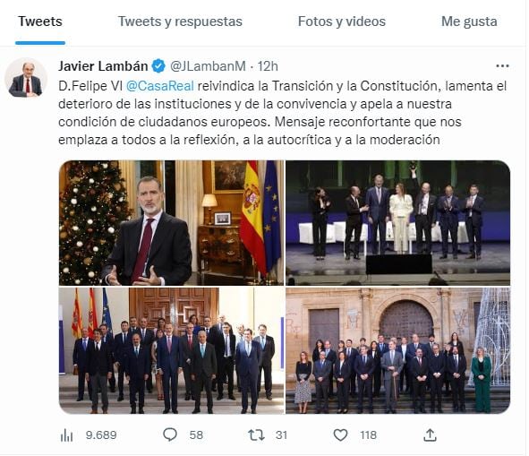 Tweet de Javier Lambán sobre el discurso del Rey