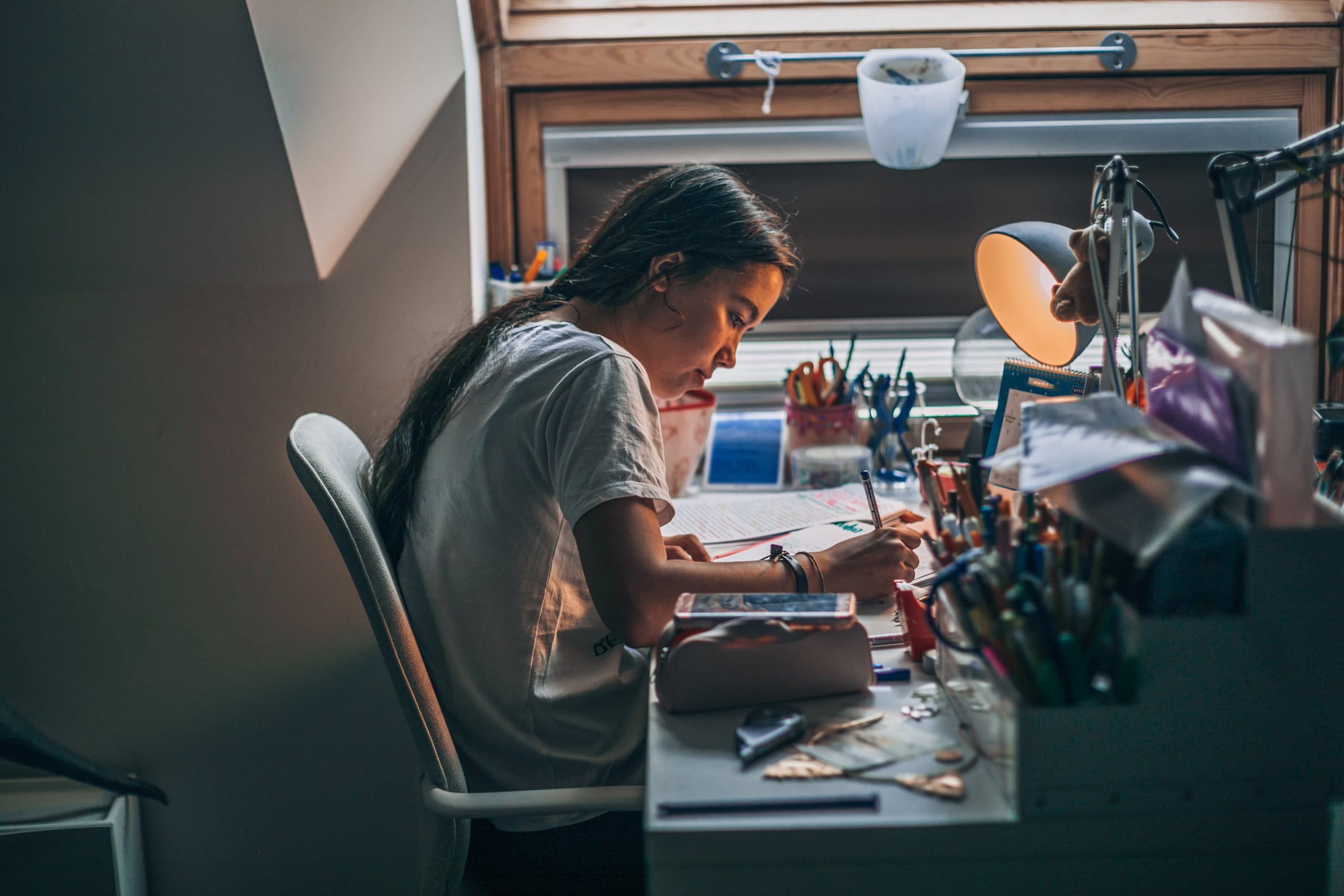 Adolescente estudiando en su casa