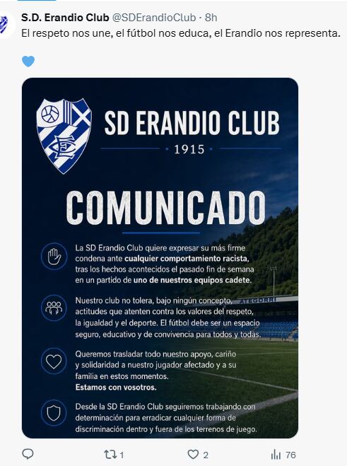 Comunicado de la SD Erandio ante los insultos racistas que sufrió uno de sus jugadores cadetes