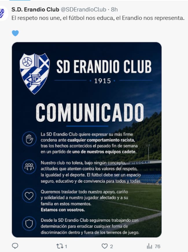 Comunicado de la SD Erandio ante los insultos racistas que sufrió uno de sus jugadores cadetes