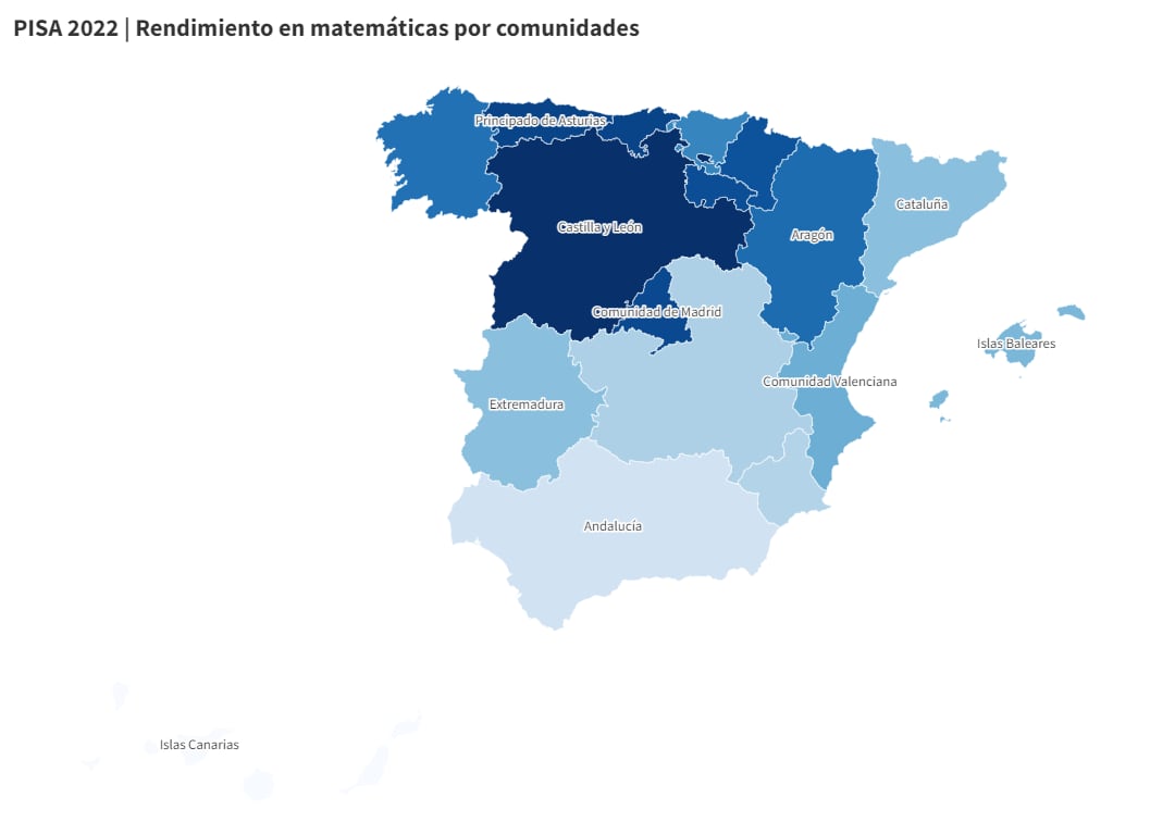 PISA 2022: rendimiento medio en Matemáticas por comunidades.