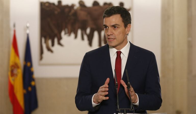 El líder del PSOE, Pedro Sánchea, durante la rueda de prensa en la que ha presentado el pacto con Ciudadanos