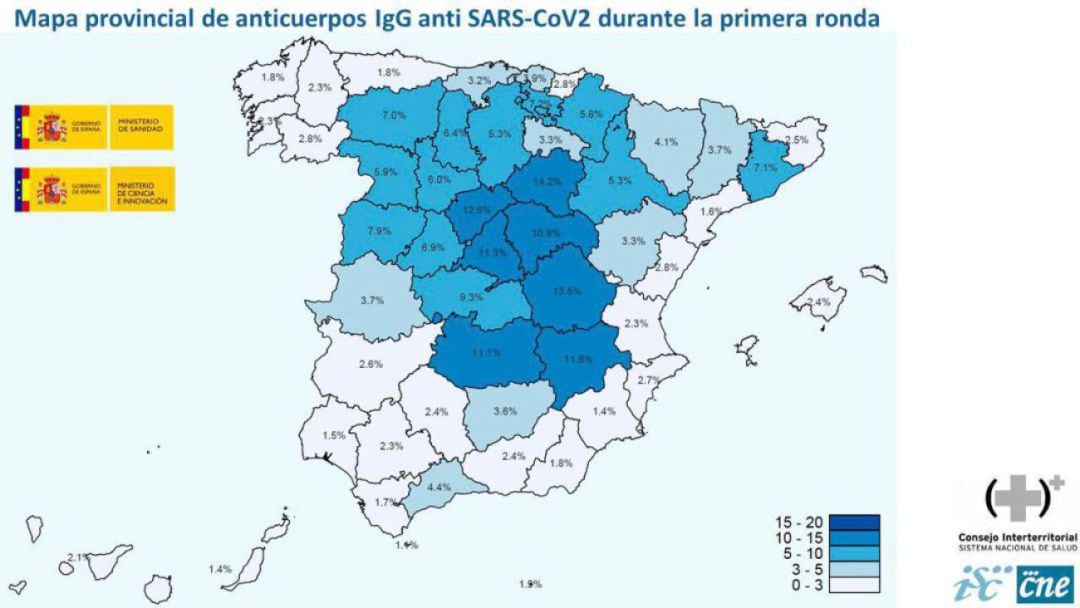 Mapa provincial de anticuerpos de COVID-19 de acuerdo a la primera ronda del estudio del Ministerio de Sanidad.