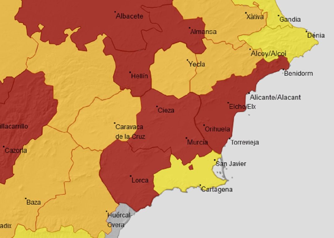 Aviso rojo por temperaturas de hasta 44ºC en la Vega del Segura y Valle del Guadalentín 