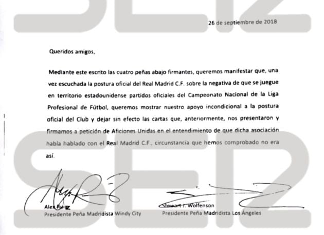 Fragmento de la carta abierta de cuatro peñas del Real Madrid en Estados Unidos posicionándose a favor de la postura oficial del club y recalcando que cuando dieron su apoyo a Aficiones Unidas pensaban que estos había contactado antes con el Real Madrid