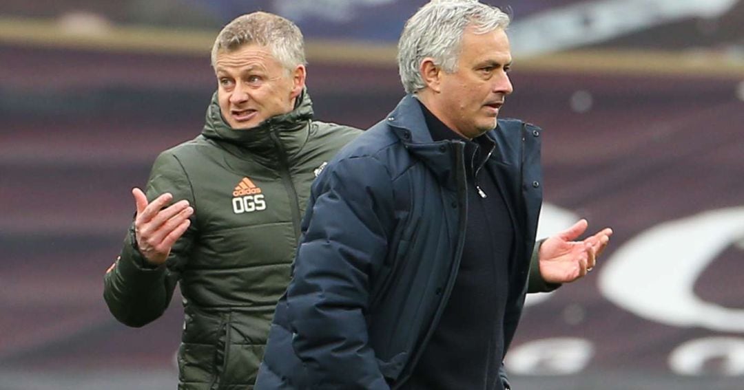 Ole Gunnar Solskjaer y José Mourinho, al término del partido entre Tottenham y Manchester United.