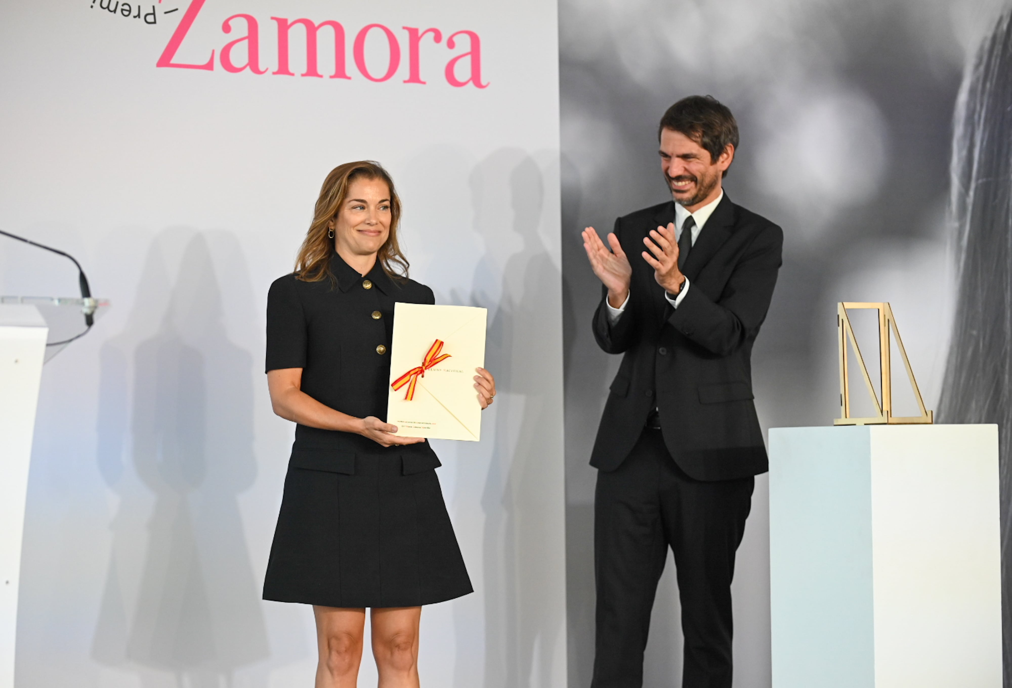 SAN SEBASTIAN, GUIPUZCOA BASQUE, SPAIN - SEPTEMBER 21: The Minister of Culture, Ernest Urtasun, presents the National Cinematography Award 2024 to producer Maria Zamora, at the Tabakalera, on 21 September, 2024 in San Sebastian, Guipuzcoa, Basque Country, Spain. The producer has been awarded the National Cinematography Award 2024 during the San Sebastian Film Festival for her &quot;support to independent and risky cinema&quot; and for having &quot;strengthened the presence of Spanish independent cinema in the international market&quot;. (Photo By Arnaitz Rubio/Europa Press via Getty Images)