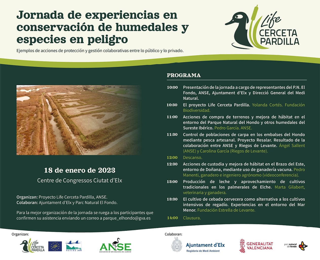 Horario jornada sobre regeneración de humedales y especies en peligro