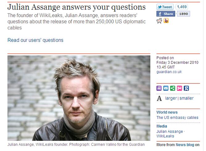 Imagen de la entrevista digital que ha respondido Julian Assange en la página web de &#039;The Guardian&#039;