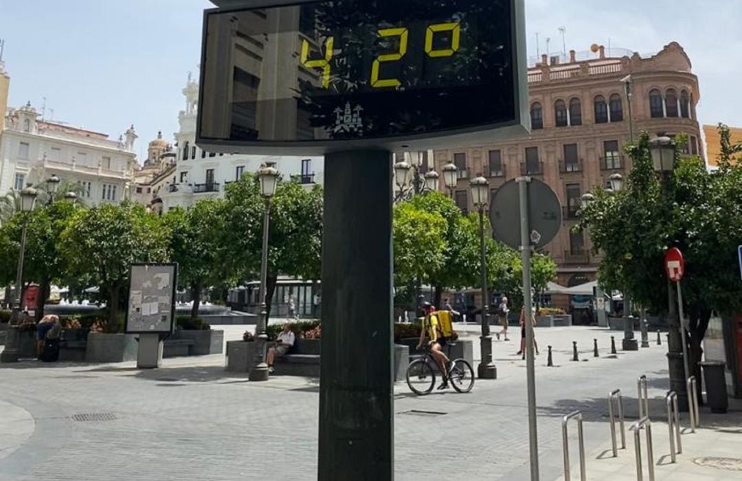 Repartidor de comida en bicicleta en la Plaza de las Tendillas el sábado en plena ola de calor