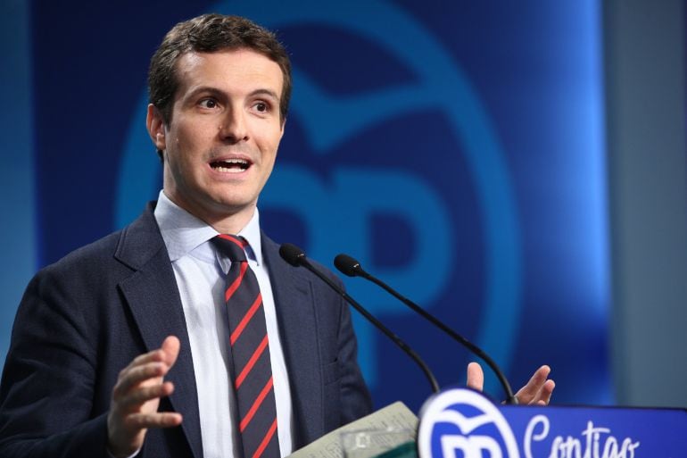 Rueda de prensa del vicesecretario de Comunicación del PP, Pablo Casado