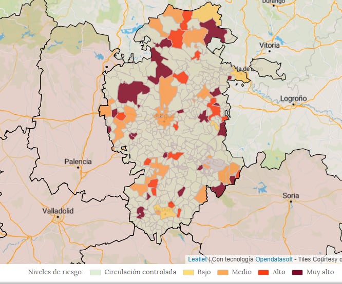 Mapa de los niveles de riesgo epidemiológico por municipios de la provincia de Burgos a 22 de abril de 2022