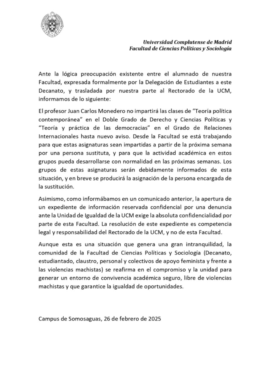 El comunicado de la Universidad Complutense