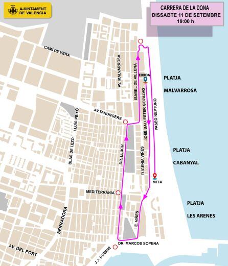 Recorrido de la Carrera de la Mujer, este sábado en València.