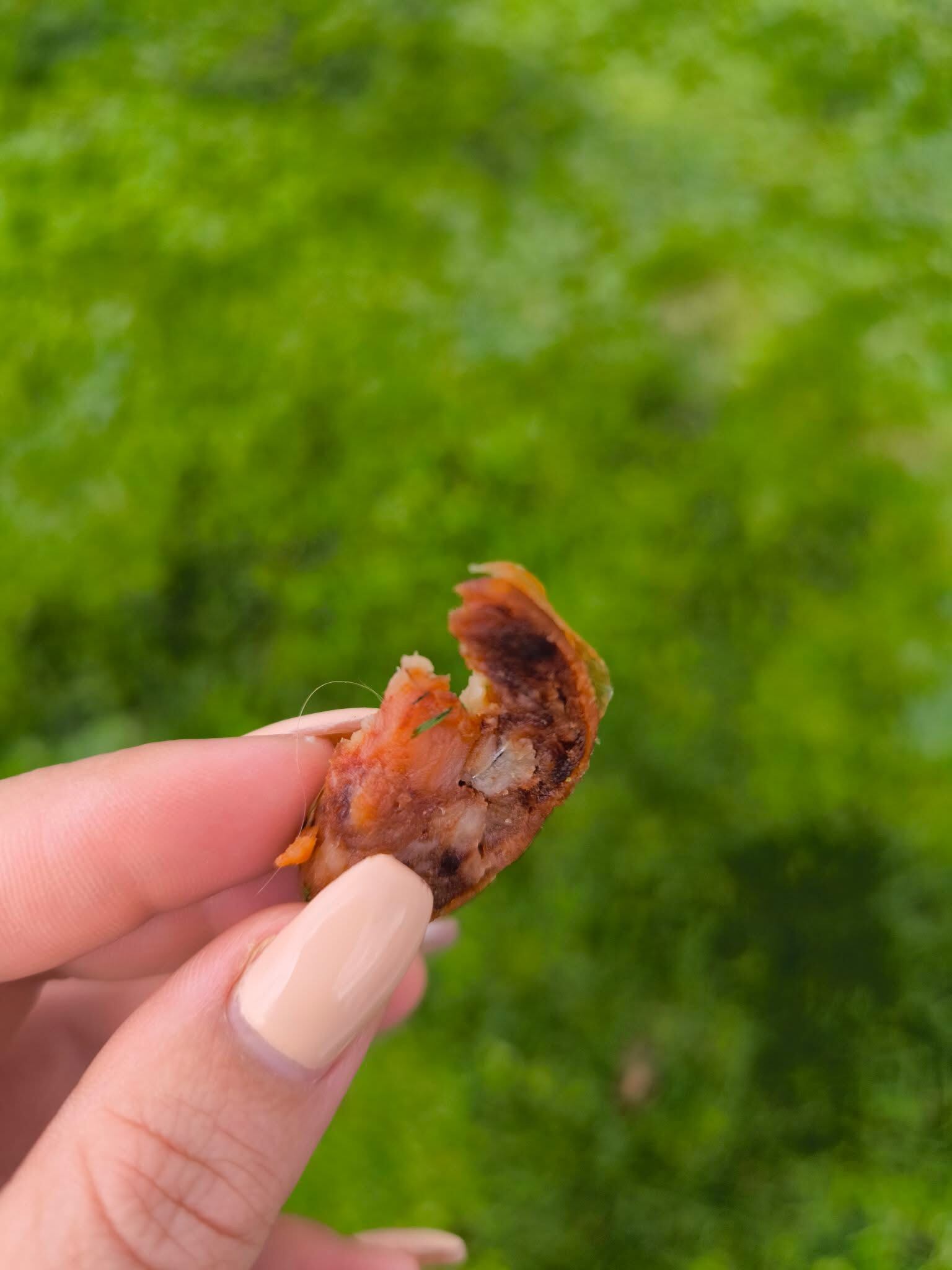 Trozo de chorizo con un alfiler en su interior