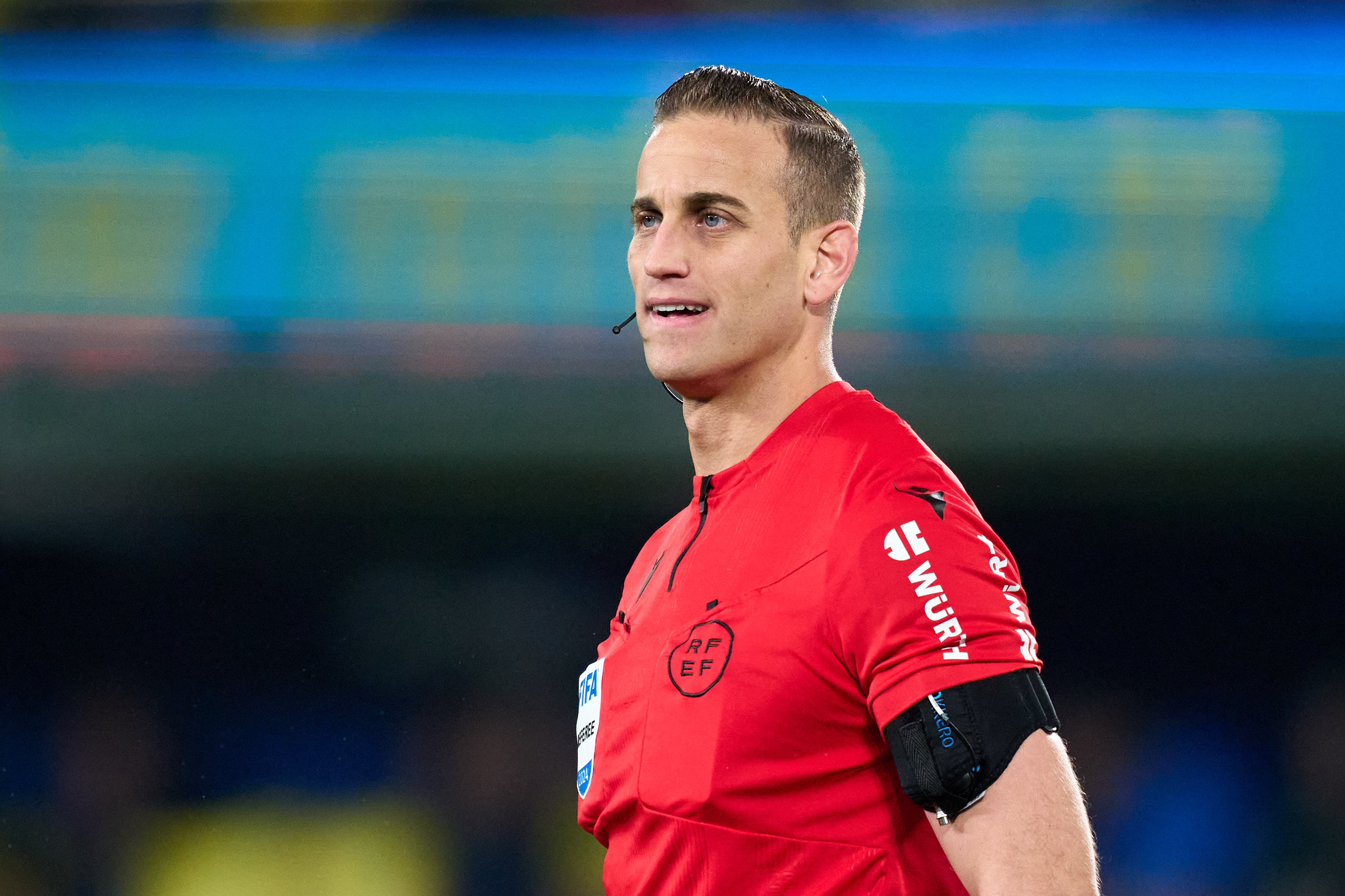 VILLARREAL, SPAIN - FEBRUARY 16: Match referee Javier Alberola Rojas looks on during the LaLiga EA Sports match between Villarreal CF and Getafe CF at Estadio de la Ceramica on February 16, 2024 in Villarreal, Spain. (Photo by Alex Caparros/Getty Images)