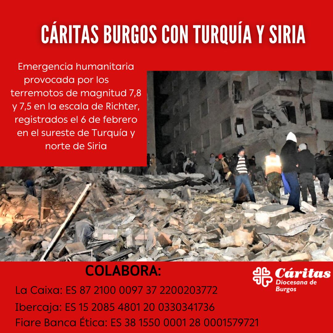 Cartel de la campaña de Cáritas Burgos en favor de los damnificados por los terremotos de Turquía y Siria