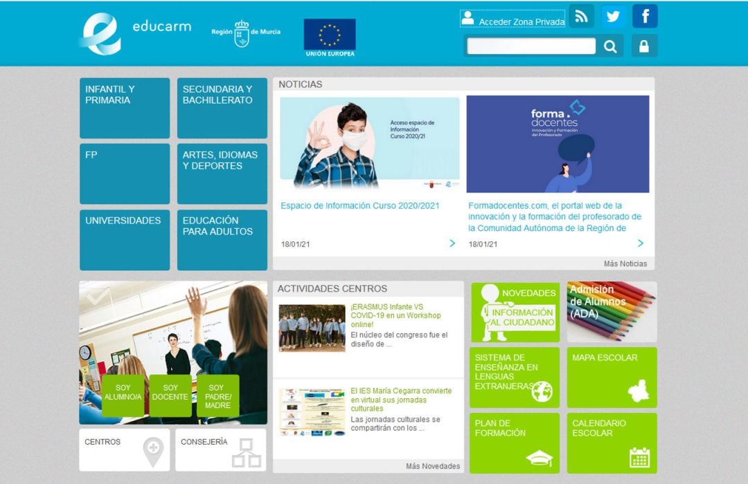 Educarm, portal de la consejería de Educación de la Región de Murcia. Captura de pantalla