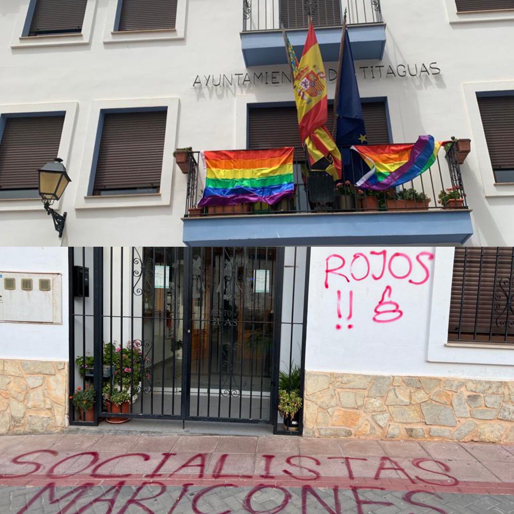 Pintadas de 'socialistas maricones' y 'rojos' en la fachada del Ayuntamiento de Titaguas