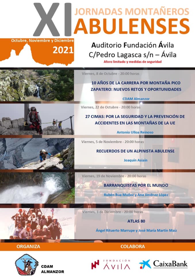 Cartel de las Jornadas de Montañeros Abulenses de 2021 donde Joaquín dio una conferencia hablando de su trayectoria en montaña