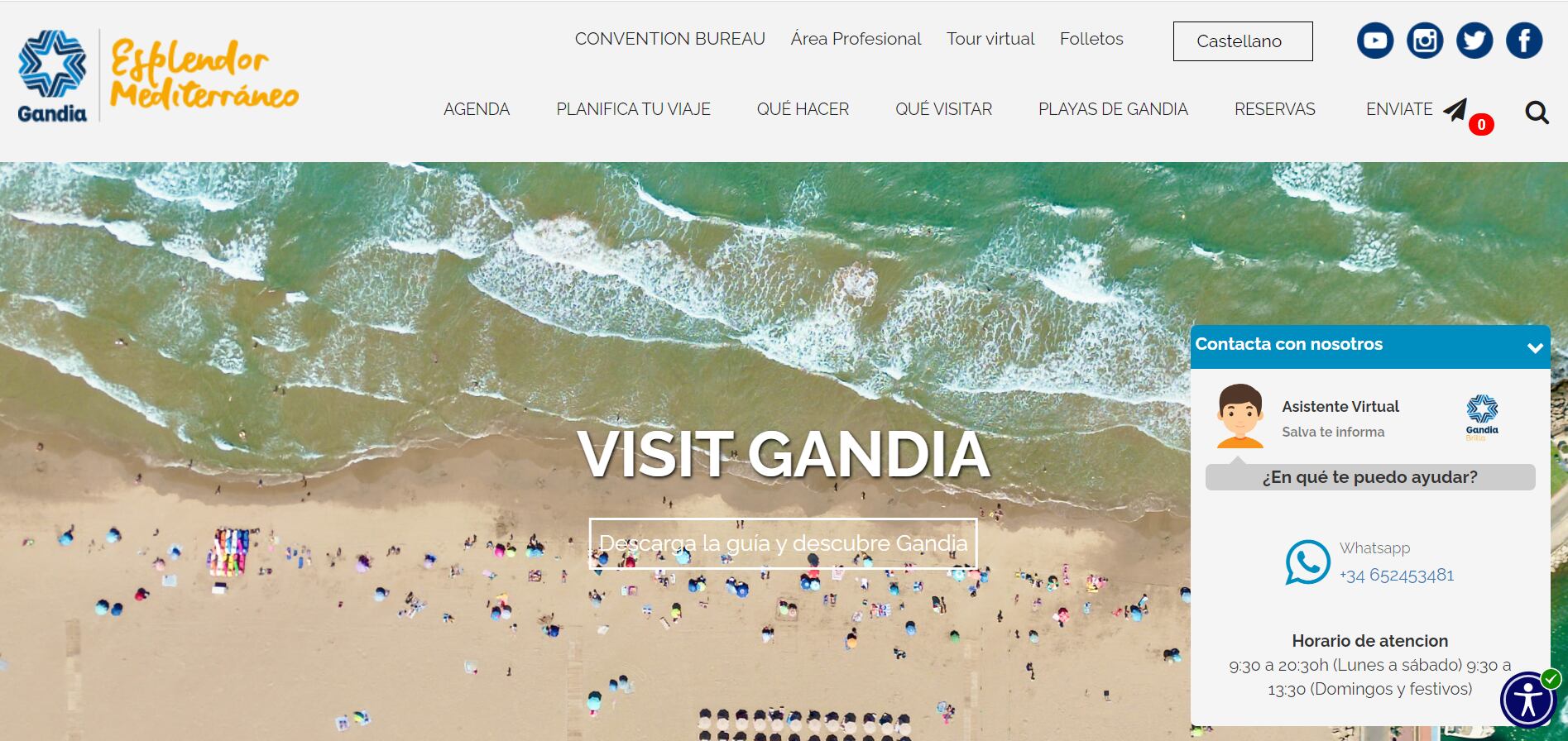 Imagen de la página web de Visit Gandia con el nuevo servicio de atención virtual