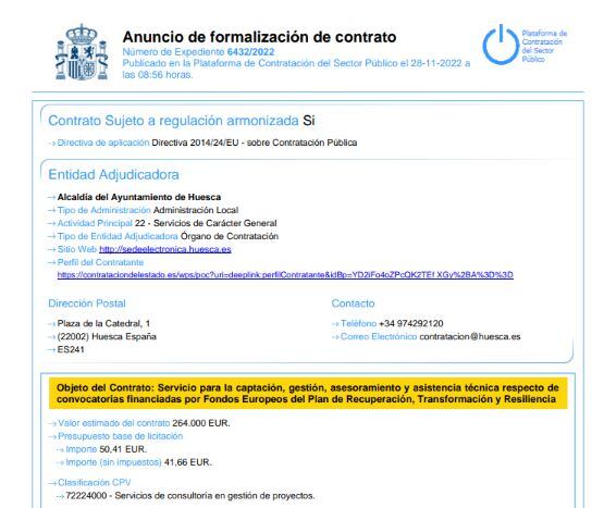 Anuncio del contrado del Ayuntamiento de Huesca