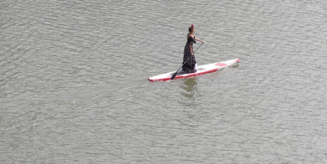 Ibis, en el Guadalquivir haciendo paddle surf vestida de flamenca