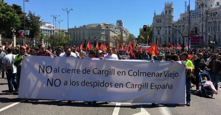Los trabajadores de la empresa Cargill de Colmenar Viejo manifestándose en contra del cierre en Madrid capital