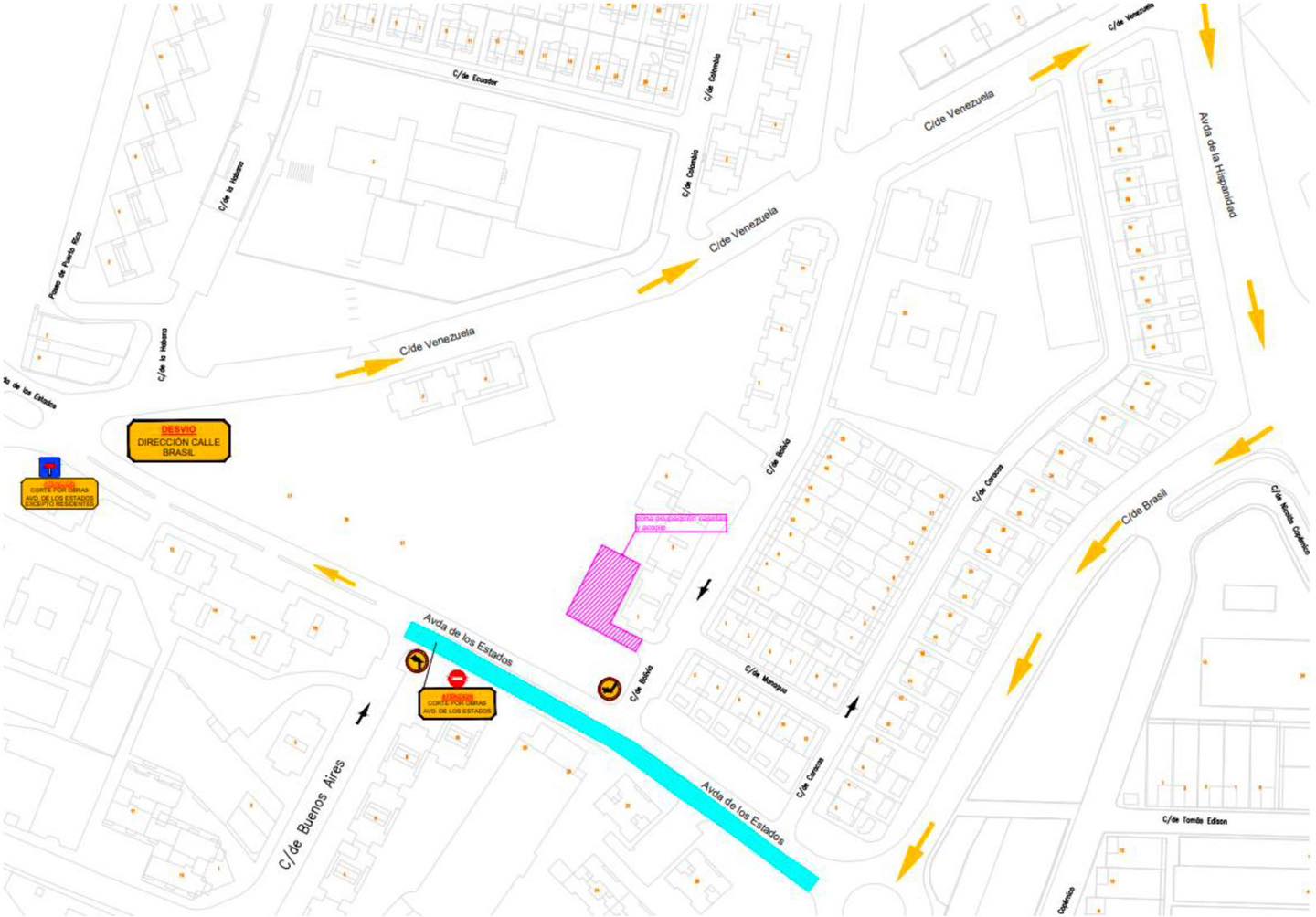 Zona afectada por la nuevas obras del Canal en Fuenlabrada (en azul, el corte del tramo de la avenida de los Estados)