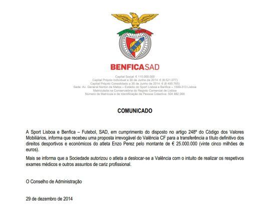 Comunicado oficial en el que el Benfica anuncia el traspaso de Enzo Pérez y sus detalles