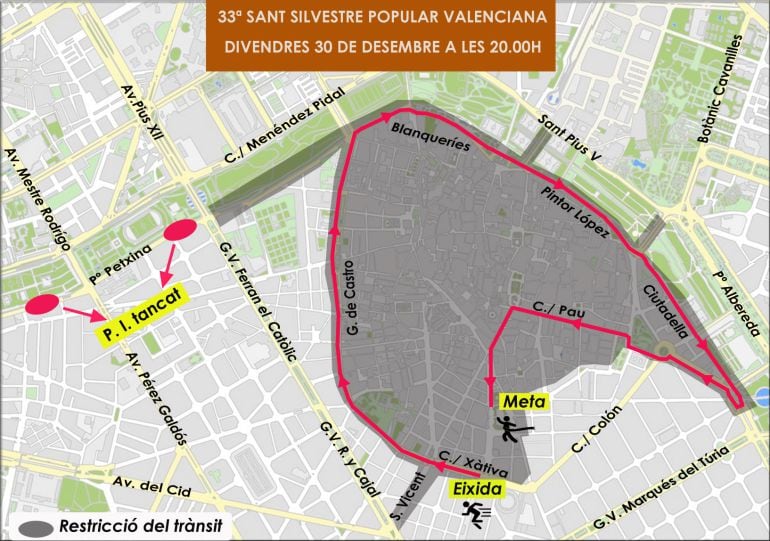 Plano con recorrido de la San Silvestre de Valencia