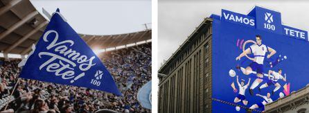 Otras de las diapositivas del proyecto: modelo de banderín conmemorativo para el Centenario y otra imagen para cubrir la fachada de otro edificio histórico de la ciudad. Se propone que fuera con la estampa de jugadores emblemáticos como Rommel Fernández.