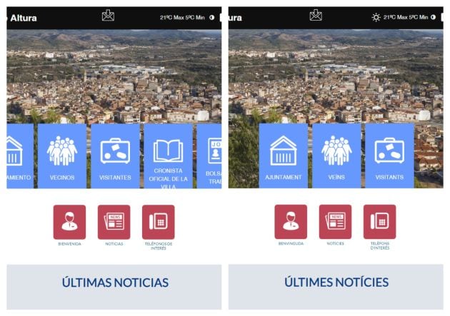Pantallazo de la web del Ayuntamiento de Altura donde se aprecia la falta elementos en la versión valenciana (a la derecha)