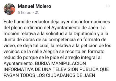 Pantallazo del mensaje expuesto en Facebook por el trabajador de Onda Jaén