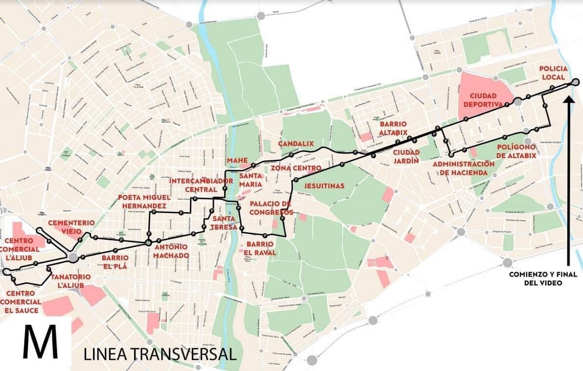 Mapa recorrido línea M de Autobuses Urbanos de Elche