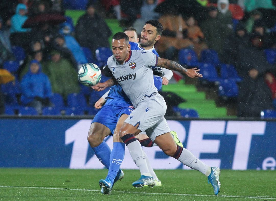 Ruben Vezo, player of Levante from Portugal and Jorge Molina, player of Getafe from Spain