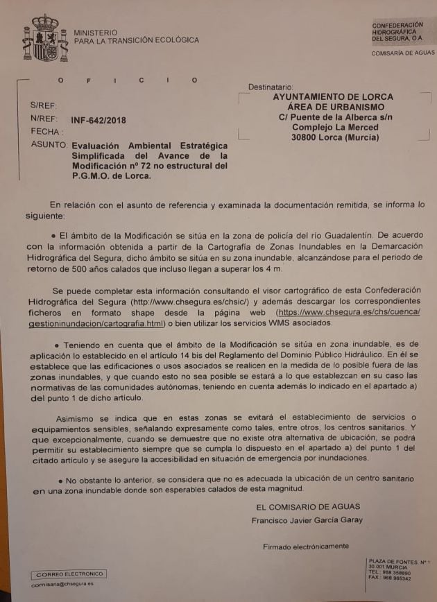 Informe del Ministerio que dice que los terrenos son inundables