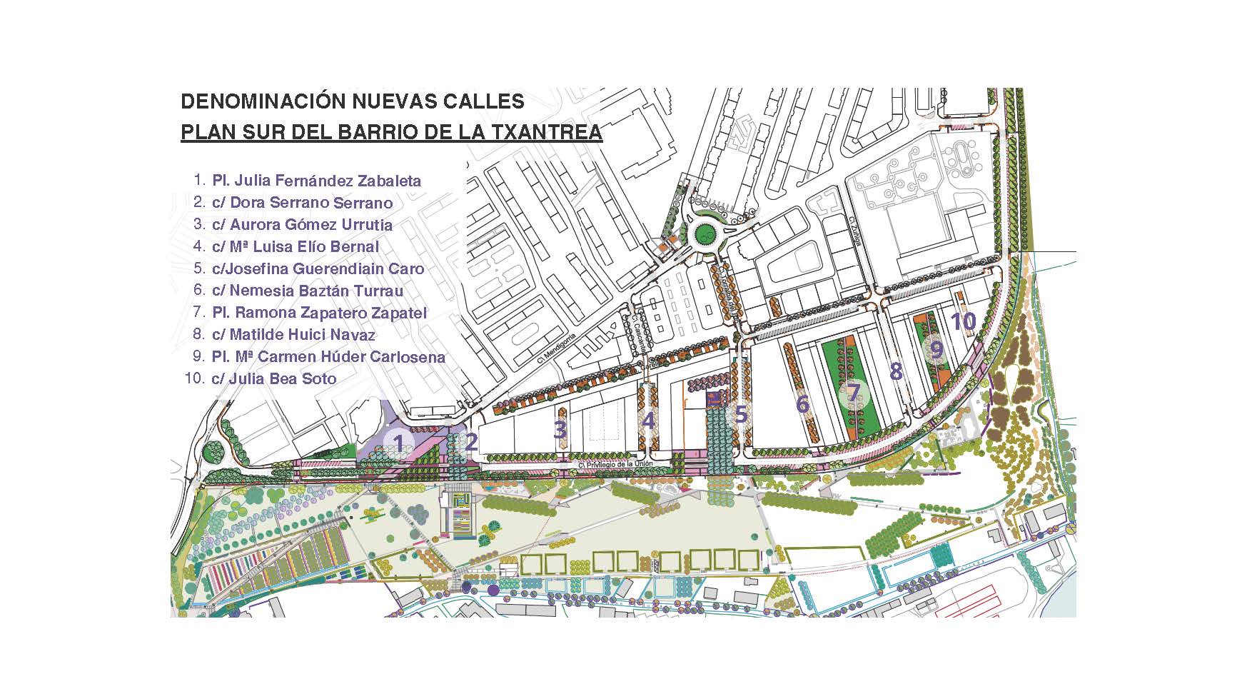 Plano de Txantrea Sur con las nuevas denominaciones