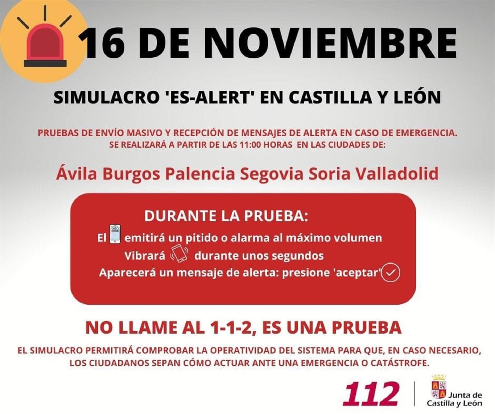 Mensaje sobre el simulacro de envío masivo de mensajes previsto para este miércoles en distintos puntos de CyL