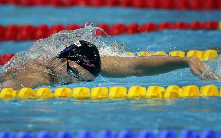 Miguel Durán, uno de los relevistas españoles, compitiendo en los Mundiales de Kazán.
