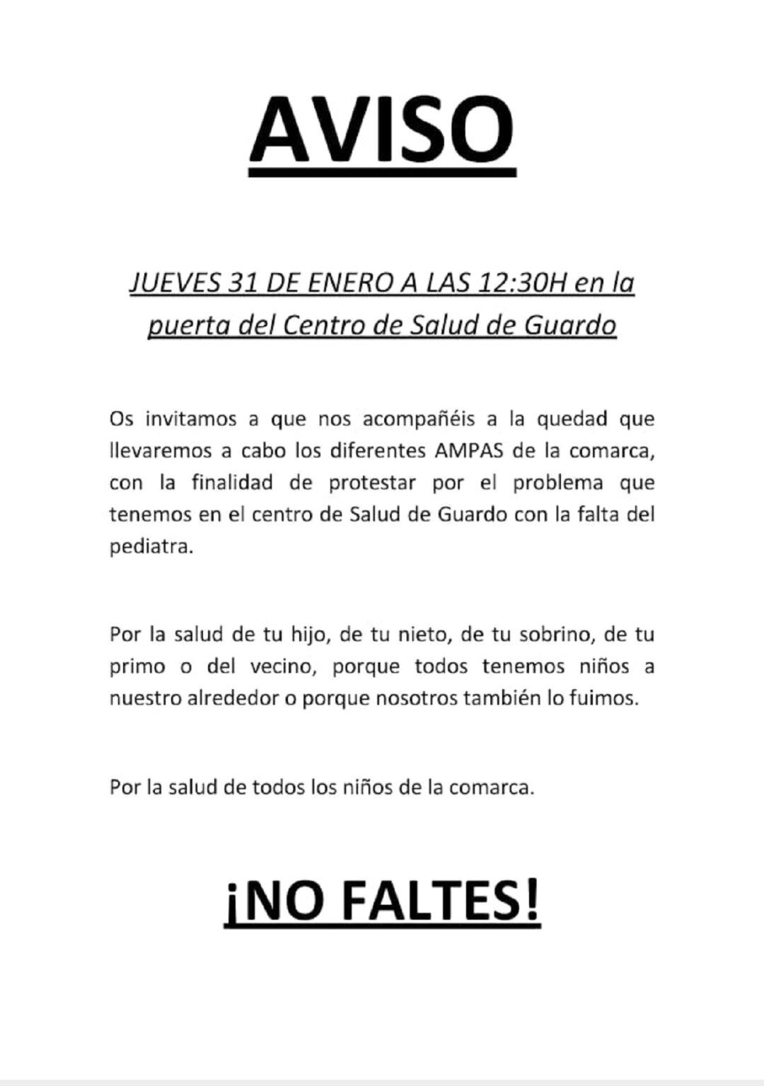 Convocatoria de movilización en Guardo (Palencia) de las AMPAS por la falta de pediatra en la zona