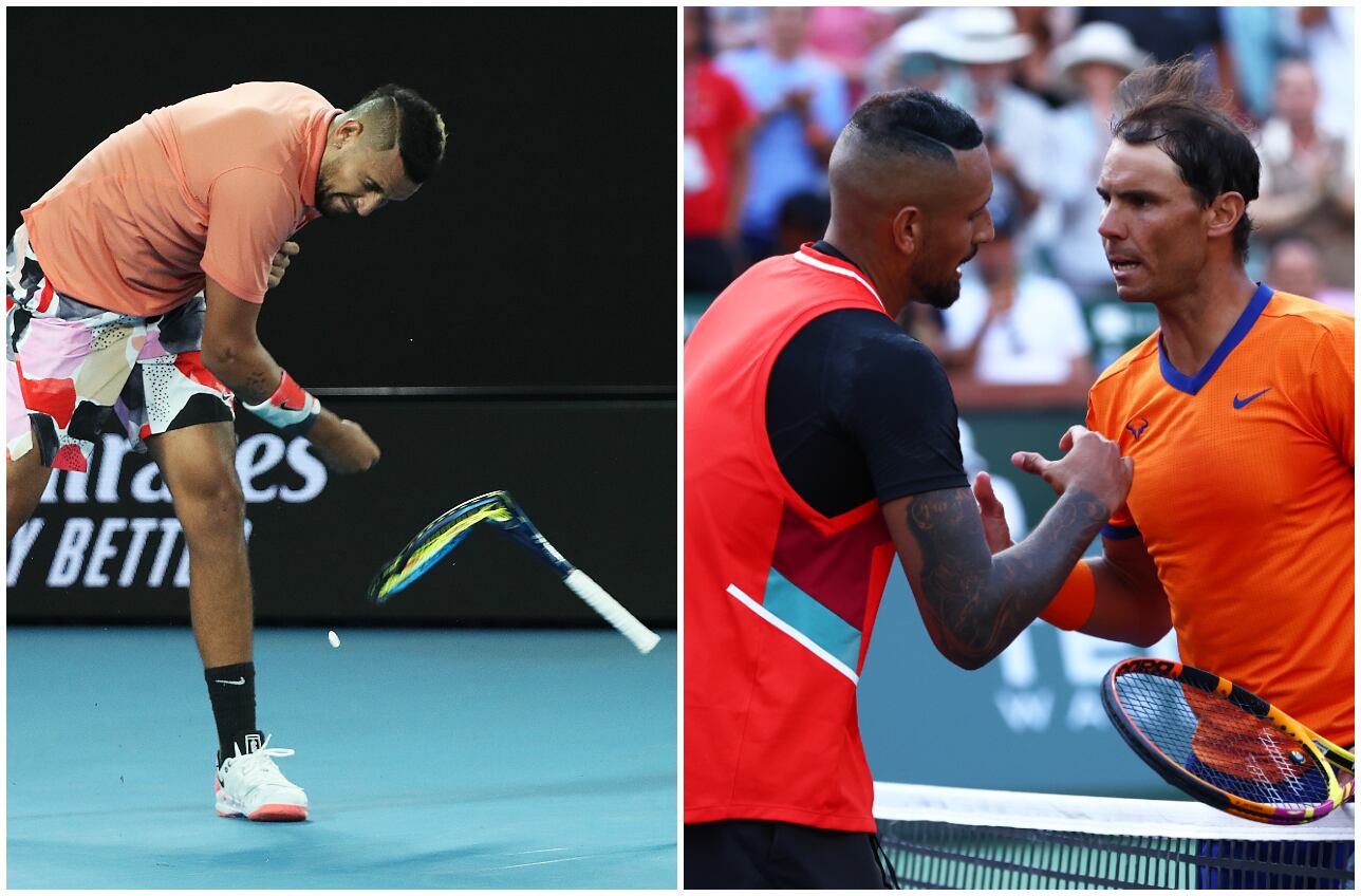 A la izquierda, Kyrgios rompe una raqueta. A la derecha, se saluda con Nadal tras un partido.