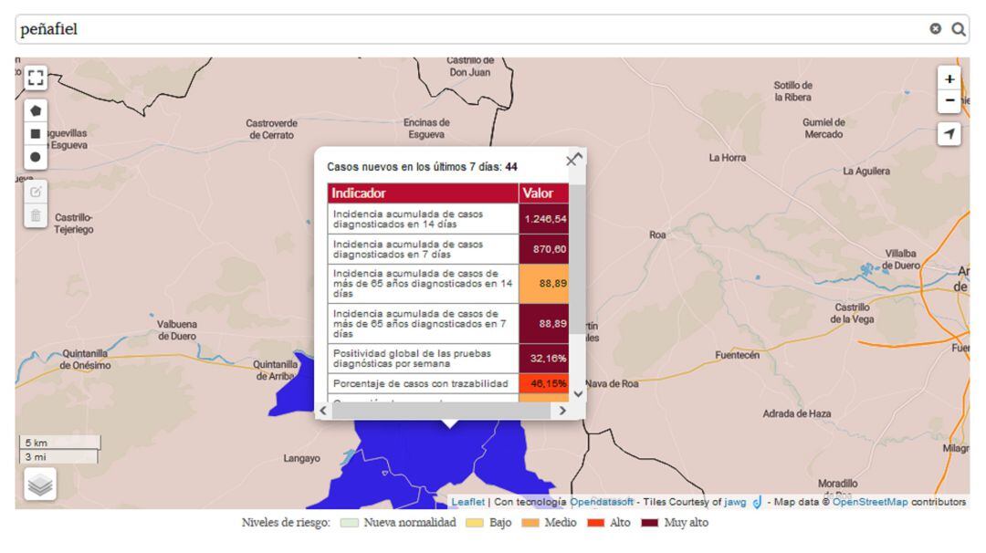 El mapa del Servicio de Epidemiolgía de la Junta desvela una tasa de contagios superior a los 1.200 puntos en Peñafiel.