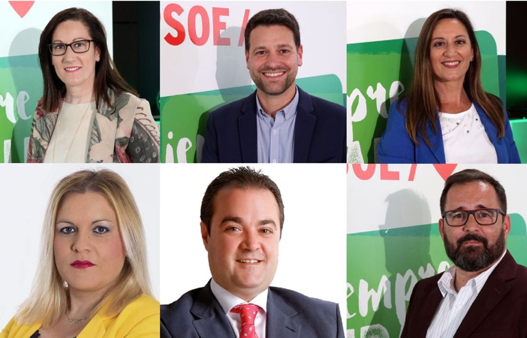 En la franja superior los diputados salientes en la provincia de Jaén (Paqui Molina, Jose Ruiz y Yolanda Reche) y en la franja inferior los diputados entrantes (Rocío Zamora, Luís Miguel López y Antonio Las Heras)