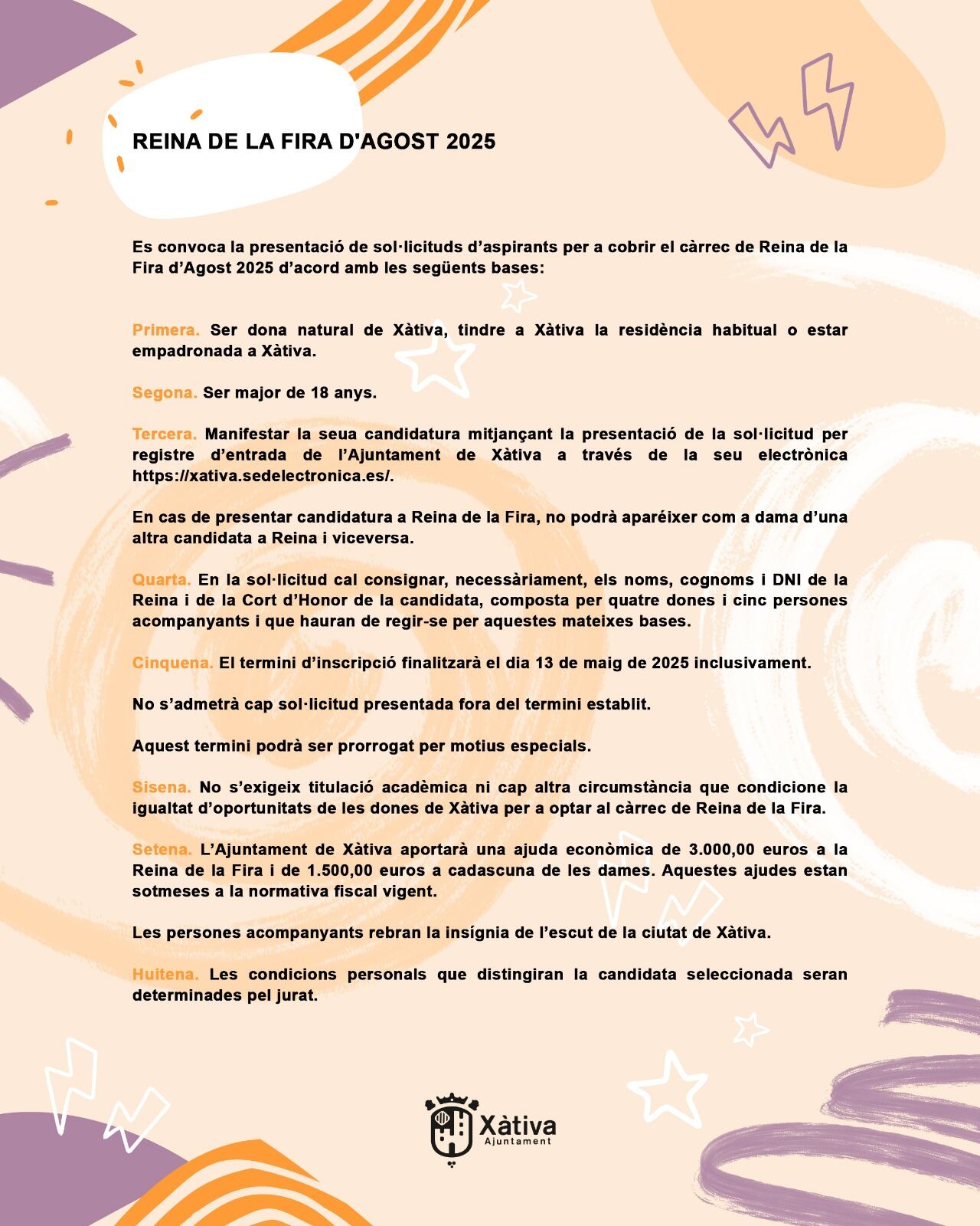Bases Reina de la Fira 2025. Fuente: Ajuntament de Xàtiva